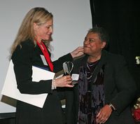 Excellence in Leadership winner Cris Chater with award sponsor Marin Community Foundation's Marcia Bonner